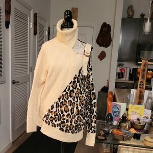 Elegant Cream and Leopard Print Turtleneck Sweater